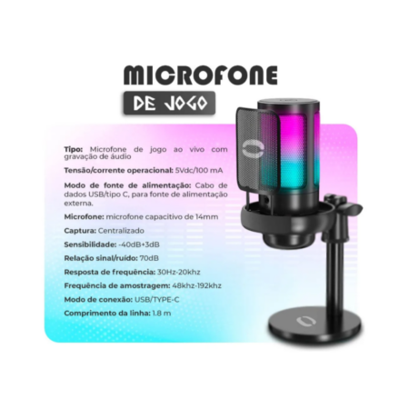 Microfone De Mesa Gamer Condensador Para PC Luz Led RGB Cor Preto